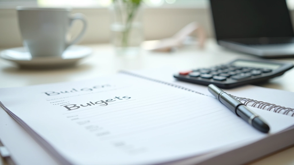 Desktop workspace with financial planning documents, calculator, and budget goals written on notepad